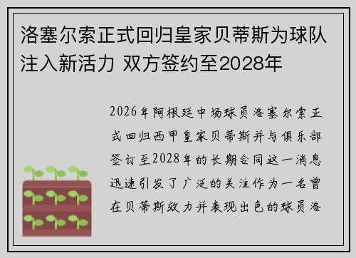 洛塞尔索正式回归皇家贝蒂斯为球队注入新活力 双方签约至2028年